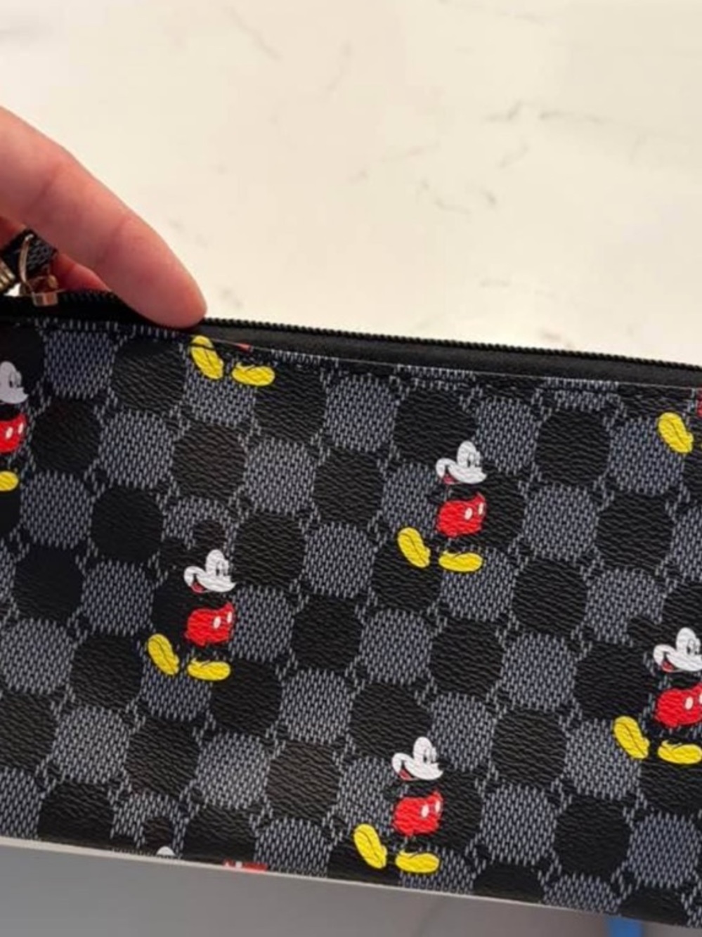 New Black Check Canvas Zip Pouch with Red & Yellow Character Print